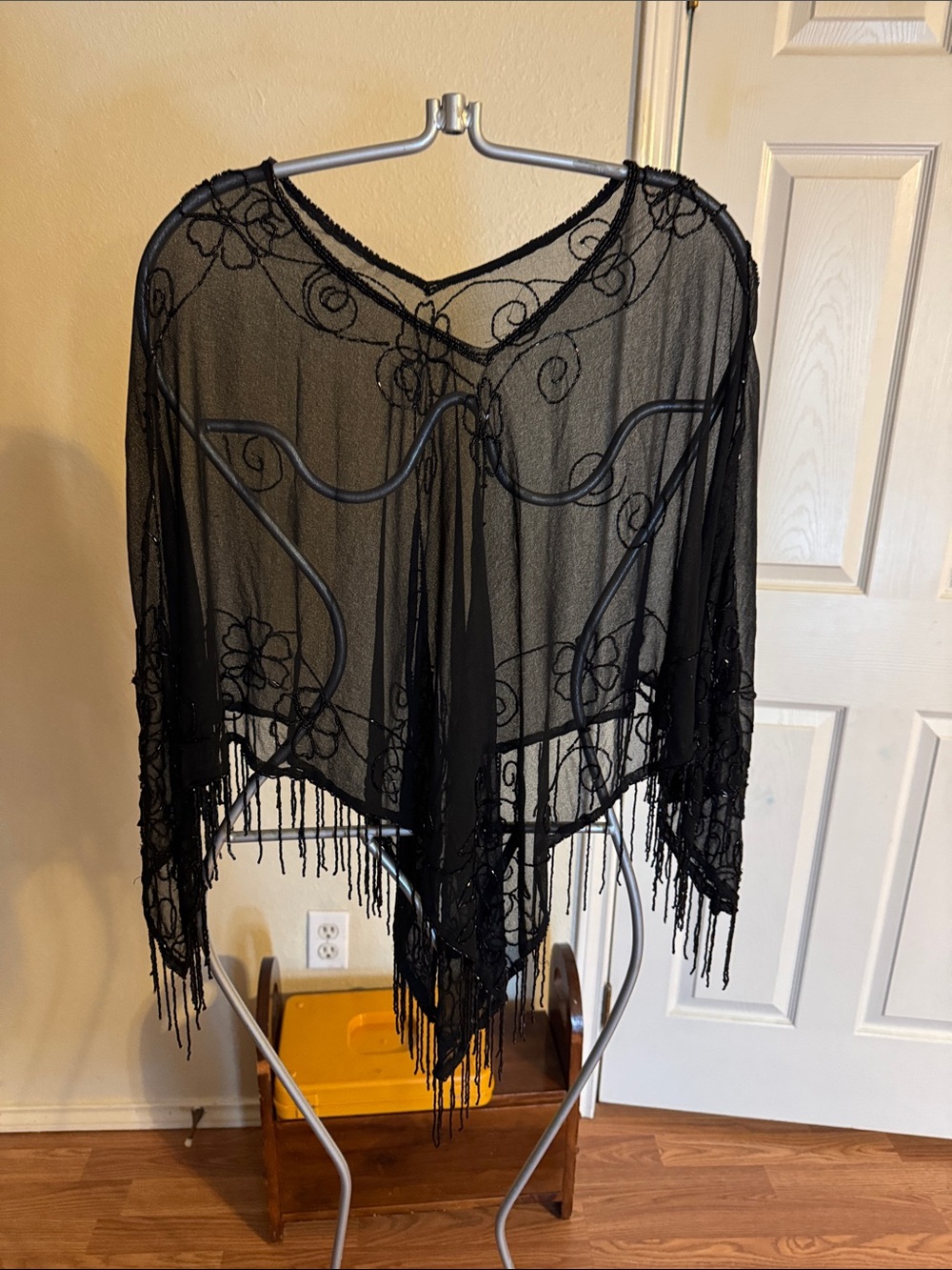 Black Sheer Floral Embroidered Fringe Wrap Scarf